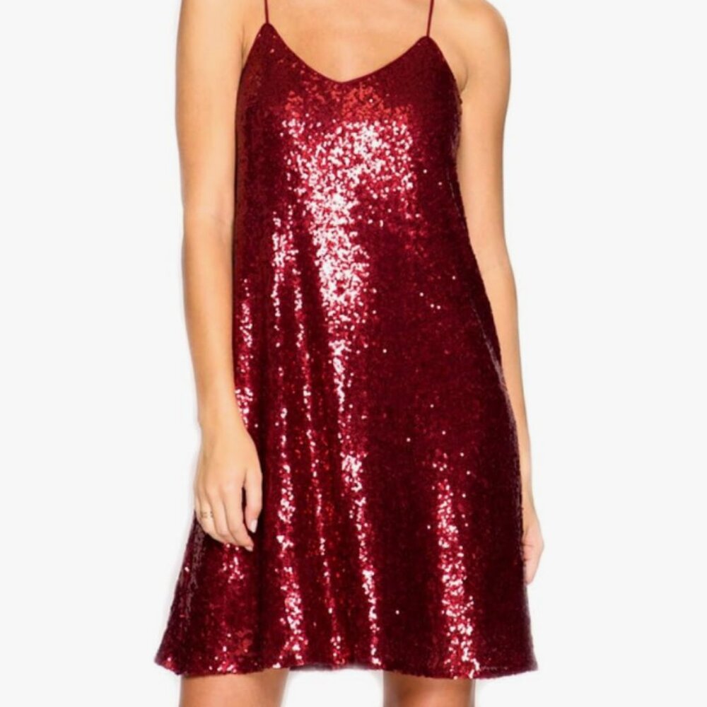 She + Sky, Sparkling Red Sequin Cami Spaghetti Strap Sleeveless Cocktail Dress